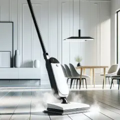 Nowoczesny mop parowy czyści drewnianą podłogę w jasnym, minimalistycznym wnętrzu.