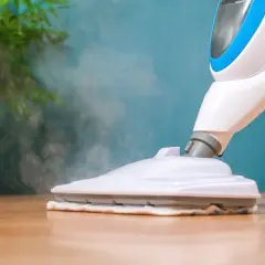 Mop parowy z parą czyszczący drewnianą podłogę, obok doniczki z rośliną.