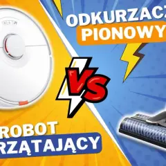 Biały robot sprzątający po lewej, czarny odkurzacz pionowy po prawej, symbol VS pośrodku.