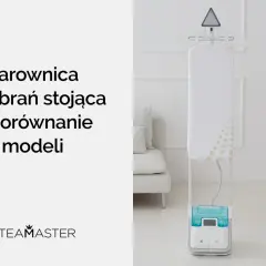 Stojąca parownica do ubrań z niebieskim zbiornikiem na wodę.