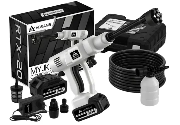 Zestaw myjki ciśnieniowej Abrams RTX-20 z akcesoriami: pistolet, wąż, akumulator, ładowarka, pojemnik na pianę.