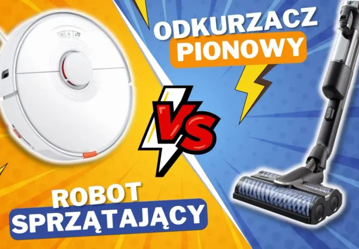 Biały robot sprzątający po lewej, czarny odkurzacz pionowy po prawej, symbol VS pośrodku.