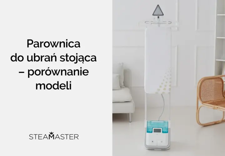 Stojąca parownica do ubrań z niebieskim zbiornikiem na wodę.