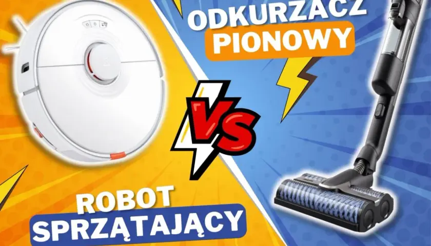 Biały robot sprzątający po lewej, czarny odkurzacz pionowy po prawej, symbol VS pośrodku.