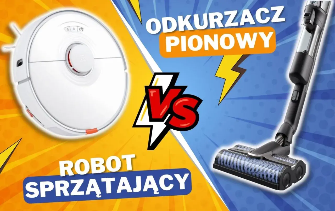 Biały robot sprzątający po lewej, czarny odkurzacz pionowy po prawej, symbol VS pośrodku.
