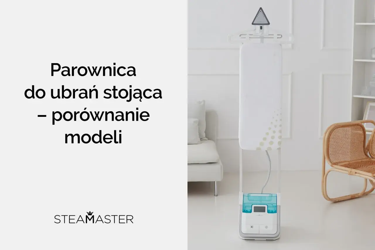 Stojąca parownica do ubrań z niebieskim zbiornikiem na wodę.