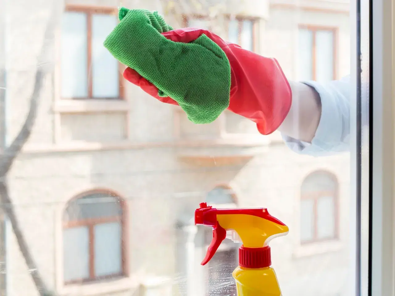 Ręka w czerwonej rękawiczce czyści okno zieloną ściereczką, obok stoi żółto-czerwony spryskiwacz.